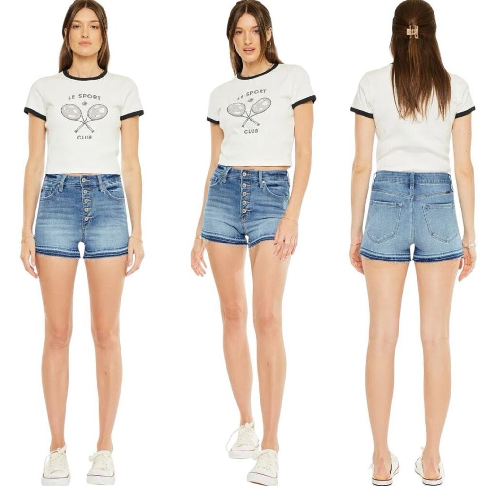 KanCan High Rise Button Fly Denim Shorts Raw Frayed Hem Medium Wash NWT - Picture 6 of 11